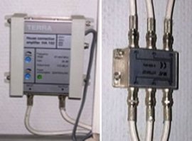 Усилитель (слева) и разветвитель (справа) ТВ сигнала